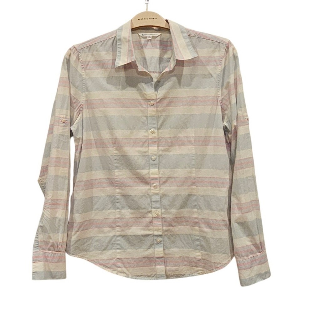 Brooks Brothers Womens Pastel Pink Grey Striped Roll Tab Cotton Shirt Size 10
